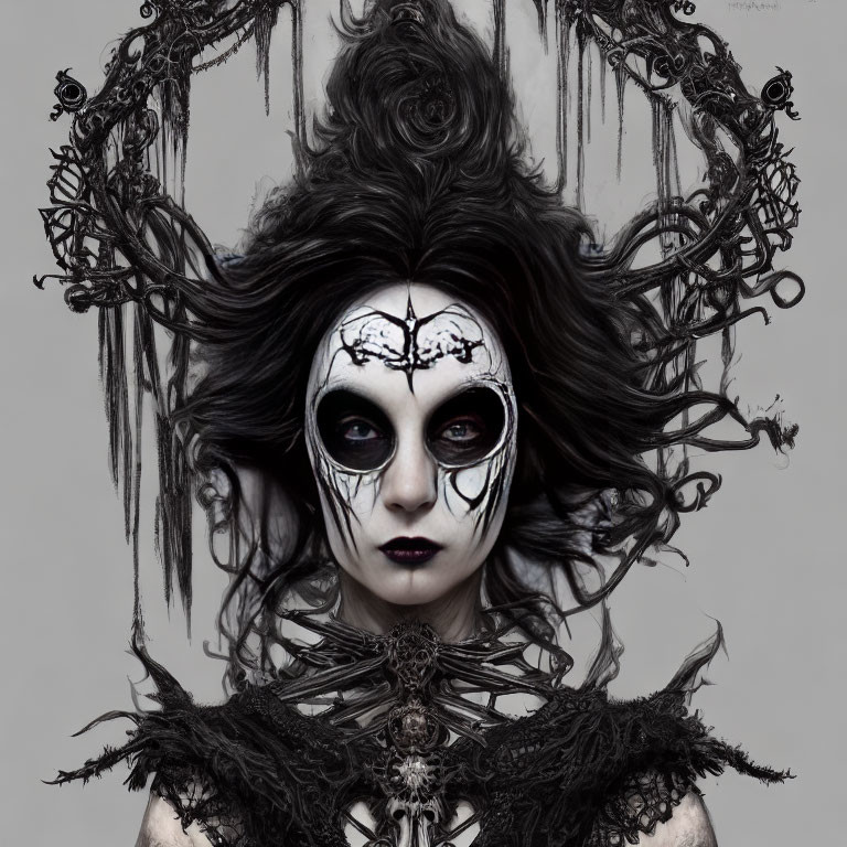 Dramatic black and white makeup with cracked designs and intricate branch-like headdress in gothic outfit