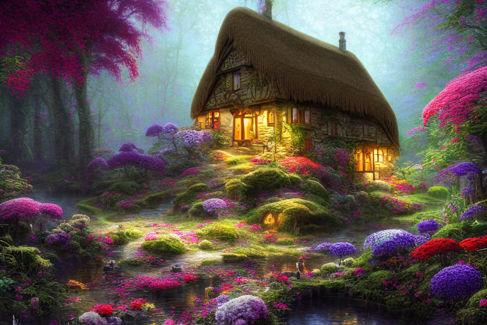 Thatched Roof Cottage Surrounded by Purple Flowers and Stream