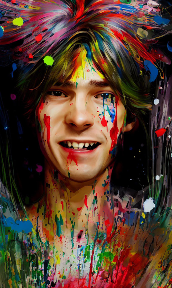 Colorful Digital Portrait of Joyful Person with Paint Splatters