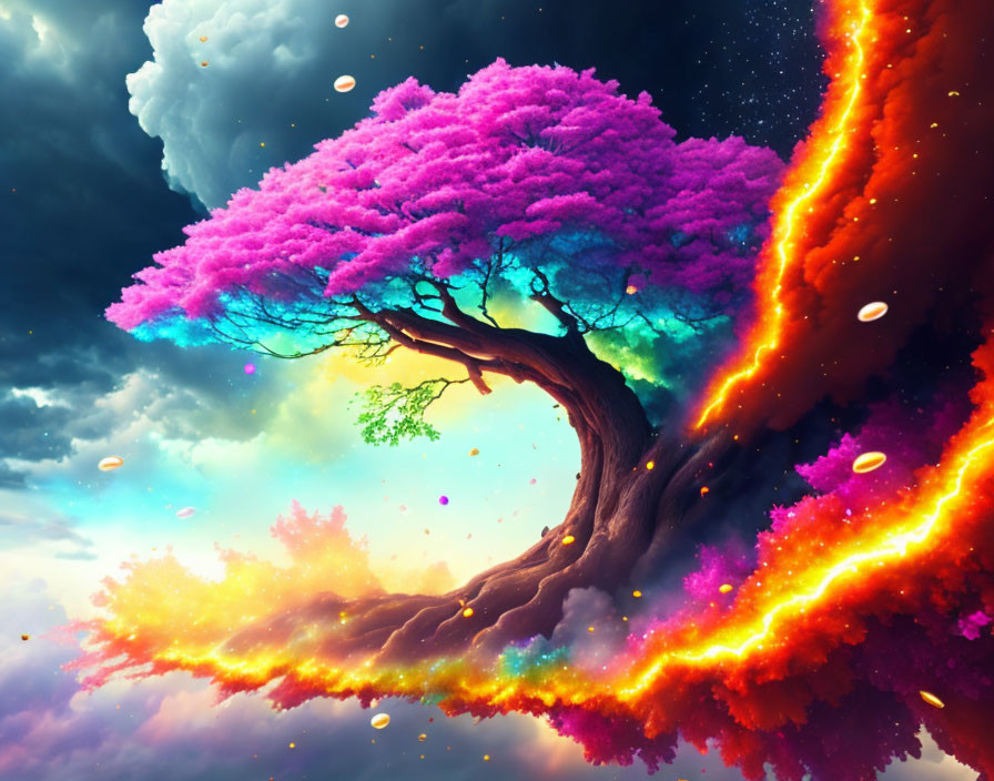 Colorful tree with pink foliage under celestial sky merging with fiery nebula