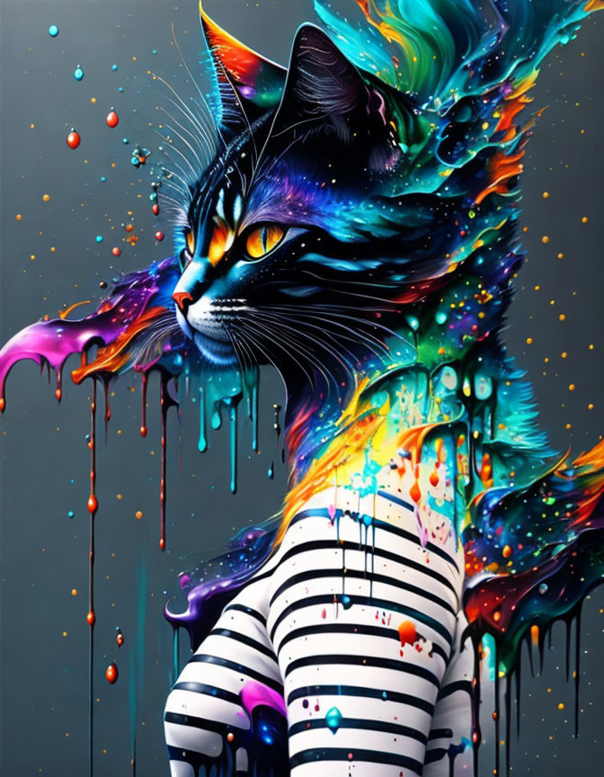 Vibrant cat artwork with melting rainbow colors on grey background