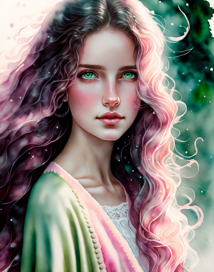 Digital illustration: Woman with green eyes, pink and purple hair, green cloak, mystical background