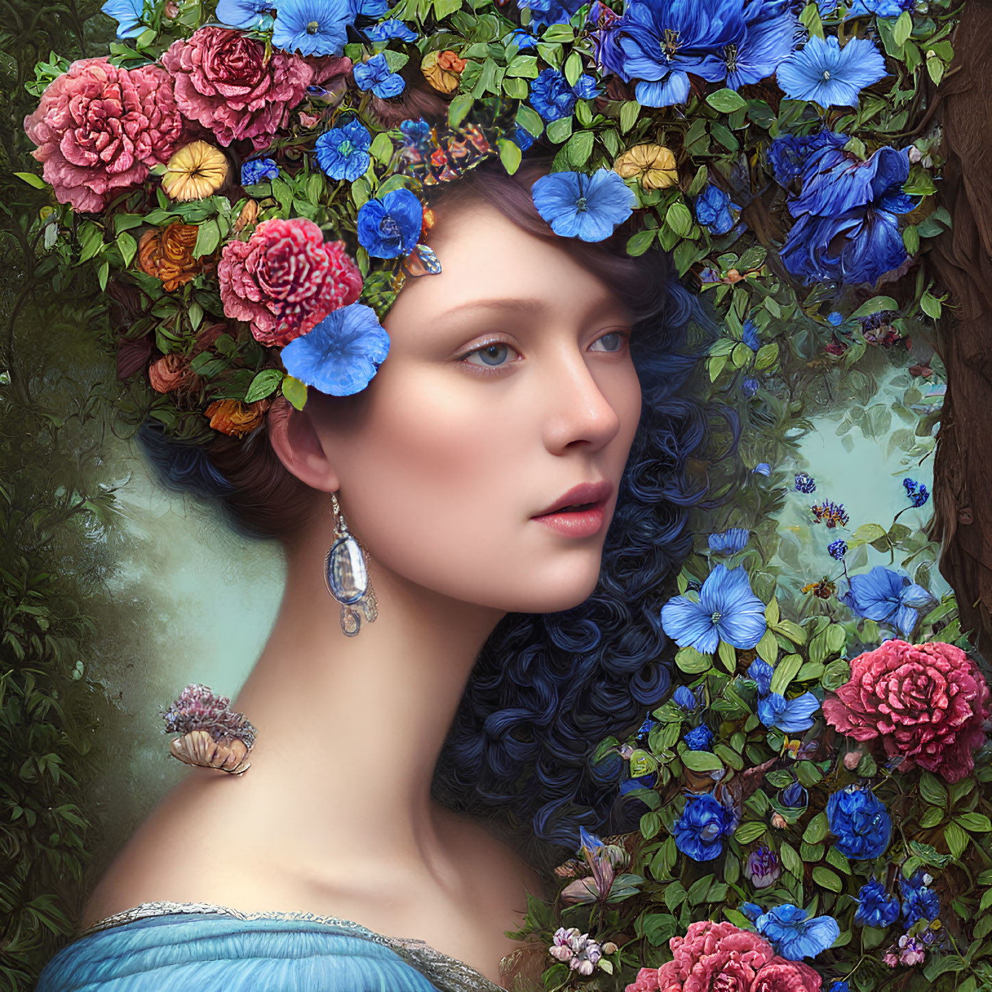 Portrait of woman with dark curly hair, adorned with vibrant flowers, in blue off-the-shoulder