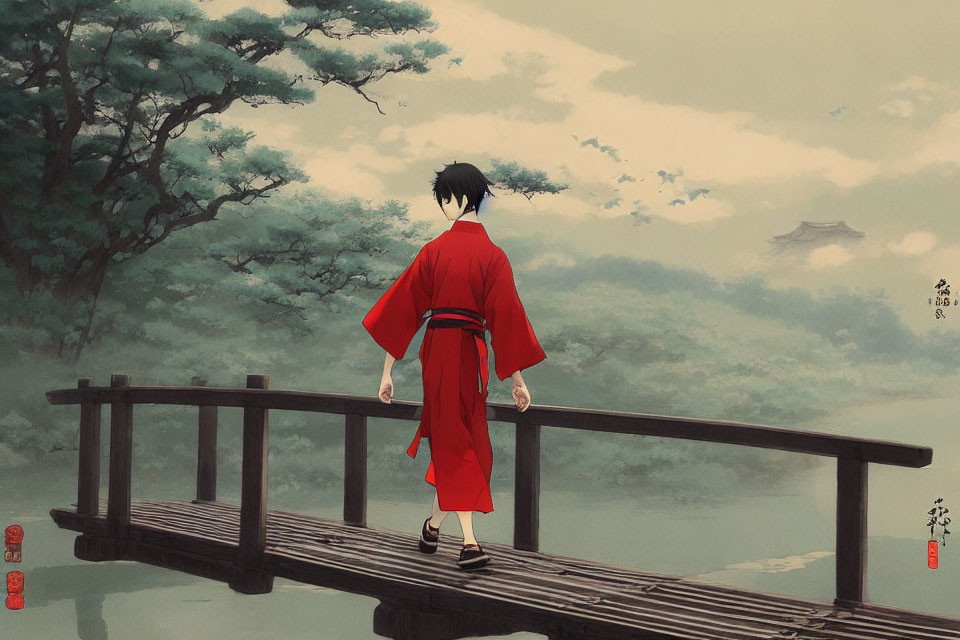 Red Kimono-Clad Animated Character on Wooden Bridge in Misty Landscape