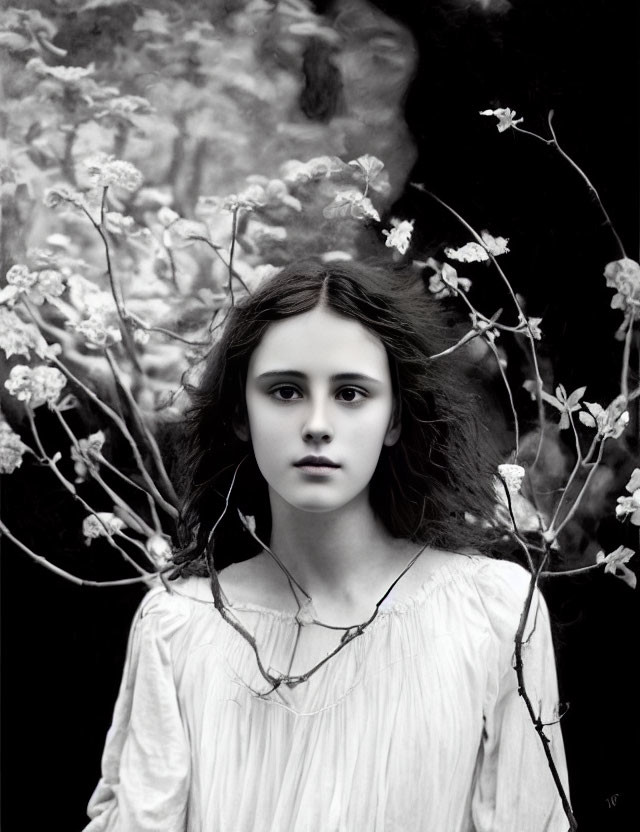 Monochrome portrait of serene girl with blossoms on dark background