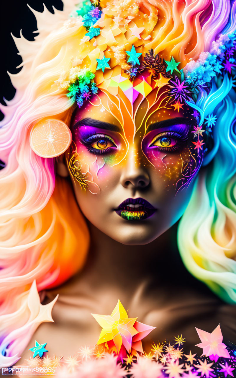 Colorful portrait with rainbow hair, stars, glitter, and orange slice on black.