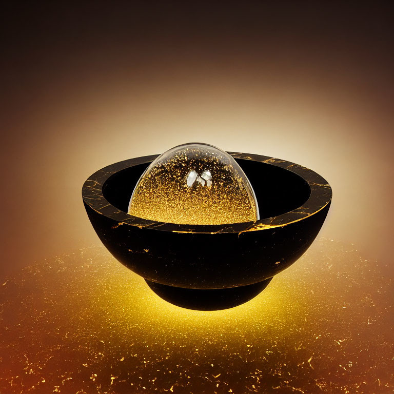 Golden-speckled glass sphere in cracked circular structure on warm backdrop