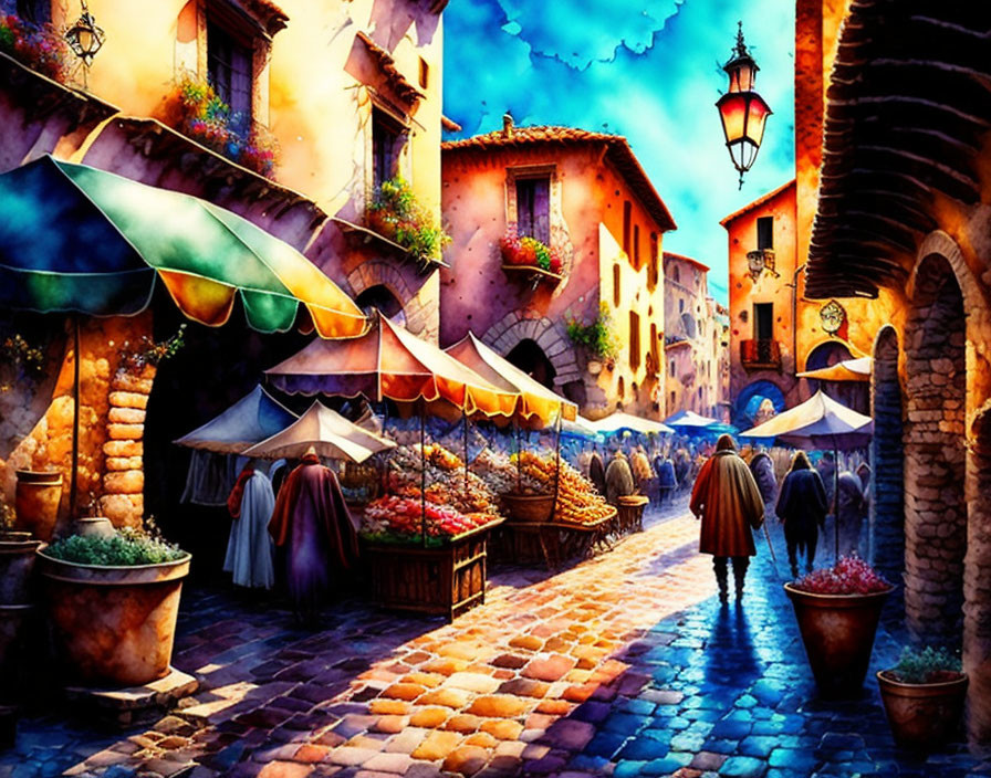 Colorful Dusk Street Market with Lanterns and Flowers