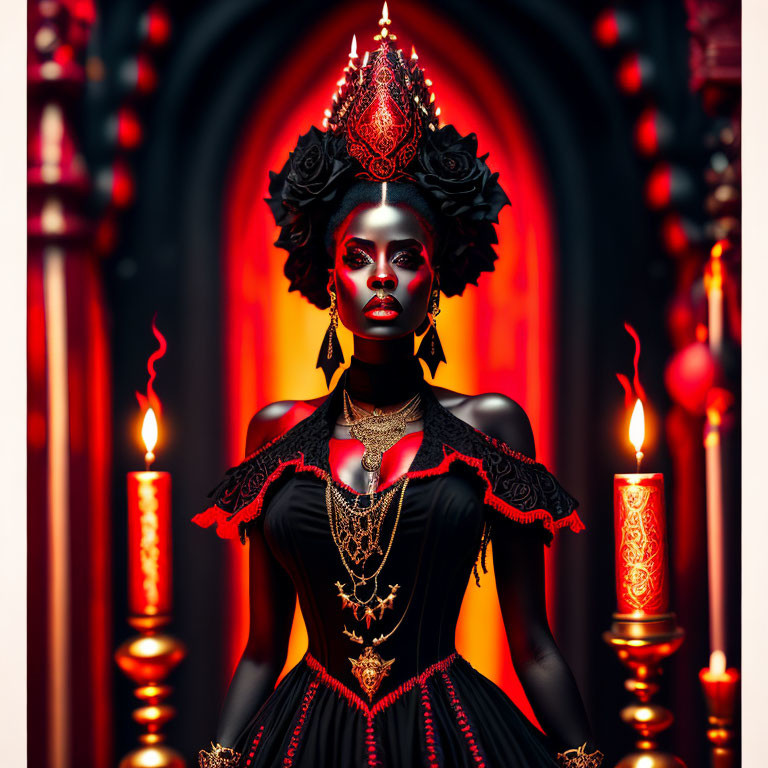 Woman in regal black and red dress with striking makeup amid glowing candles