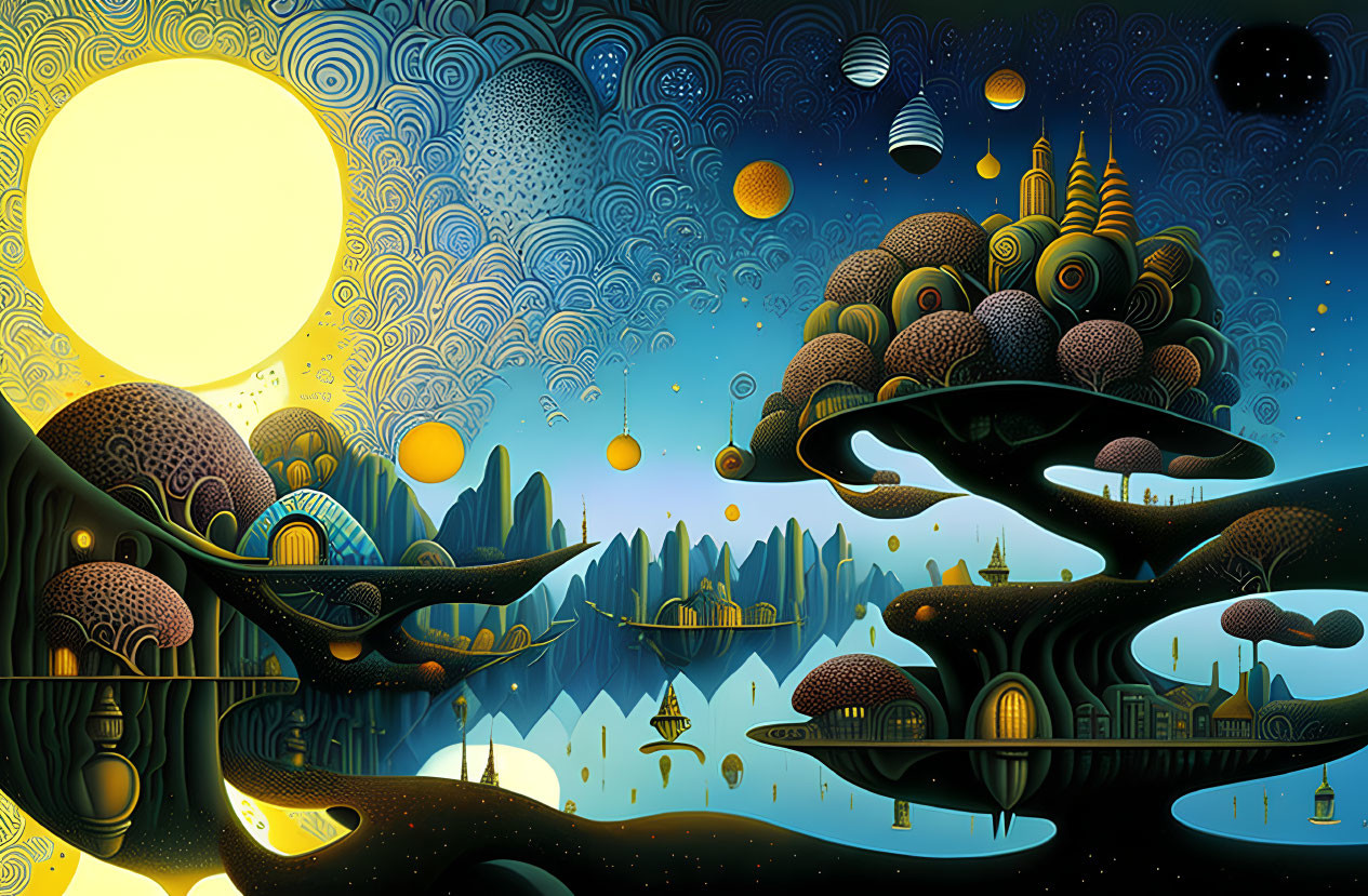 Vibrant floating islands in celestial landscape