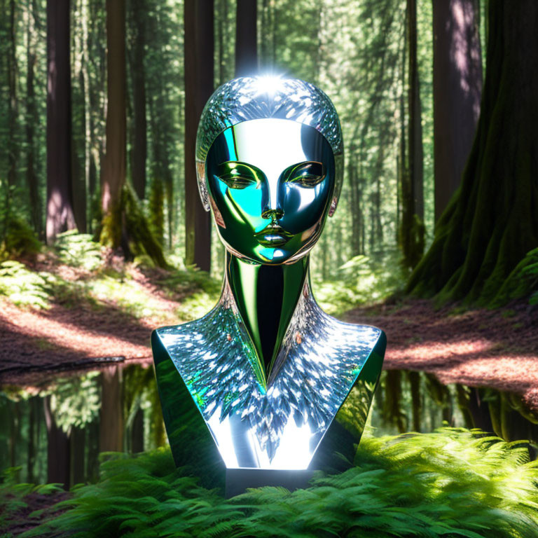 Reflective humanoid robot torso against lush greenery landscape