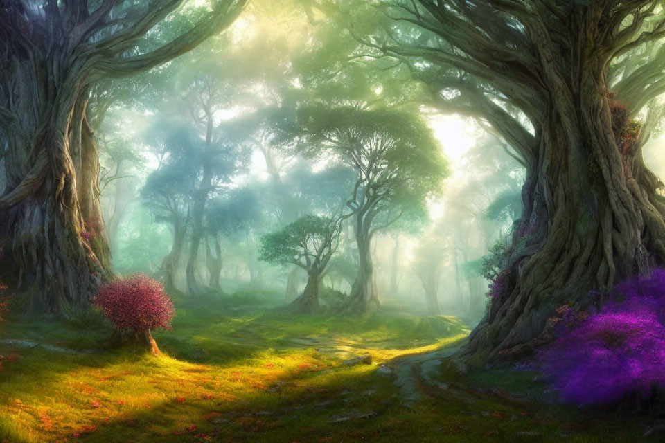 Misty forest scene with ancient trees, vibrant foliage, and winding path