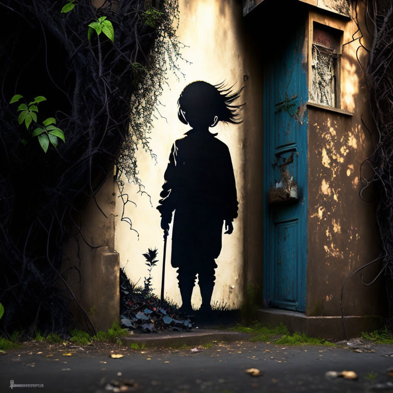 Child holding flower silhouette on rustic door with ivy - whimsical ambiance