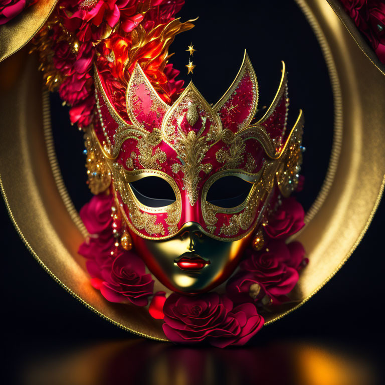 Golden Venetian Mask with Red Flowers and Intricate Patterns on Dark Background