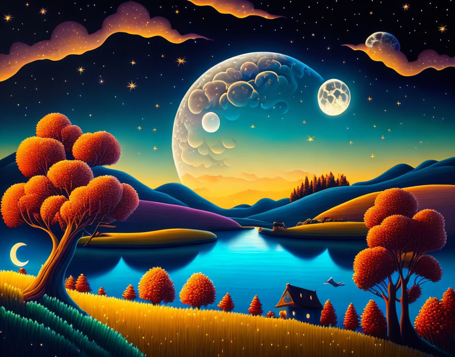 Colorful Night Landscape with Trees, Hills, Lake, House, Moons, and Stars