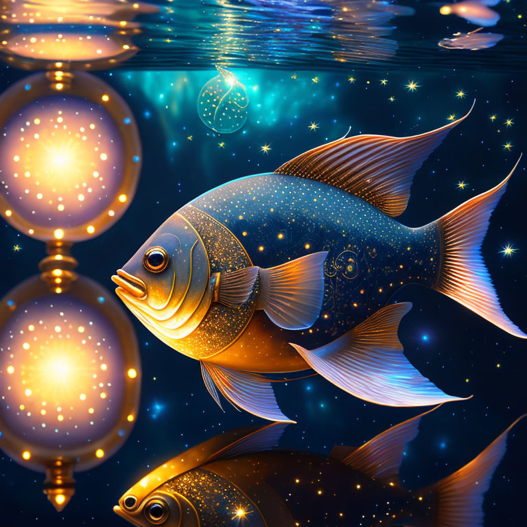 Surreal golden fish with star-like patterns in cosmic underwater scene