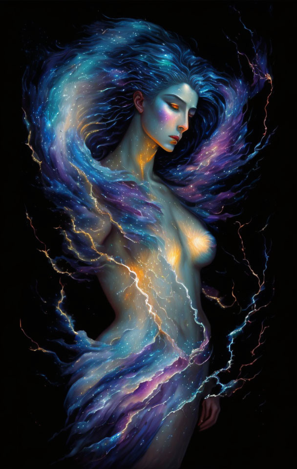 Vibrant celestial female figure in galaxy swirls