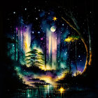 Whimsical night scene with starry sky, glowing trees, winding path, solitary figure