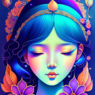 Serene female figure with celestial headpiece in vibrant illustration