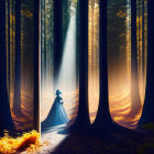 Person in flowing gown in sunlit forest with surreal tree trunks