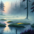 Misty Forest Sunrise with River and Lush Foliage