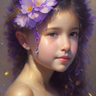 Young girl with purple flowers in hair, soft smile, warm ambiance