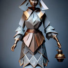 Geometric paper costume and metallic mask on humanoid figure with pen and bell