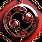 Circular Bronze Pendant with Gem Inlays on Red Background