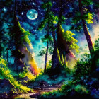 Mystical forest watercolor painting: vibrant night scene