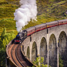 Colorful vintage steam train crossing stone bridge in vibrant painting