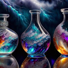 Colorful Glass Vases with Cosmic Patterns on Dark Background