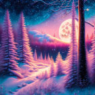 Enchanting winter landscape with snowy trees and full moon