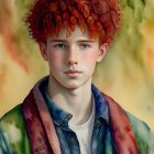 Young person with curly red hair and green jacket in front of colorful watercolor backdrop