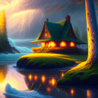 Charming cottage by serene lake under dramatic sky with lightning.