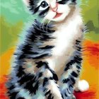 Colorful Painting of Kitten with Blue Eyes and Flowers