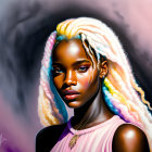 Illustrated portrait of regal fantasy character with dark skin, white hair, red and black makeup,