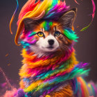 Vibrant Rainbow Fox Artwork with Whimsical Clouds