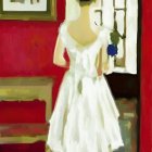 Woman in white dress with green bow holding flower by window in colorful watercolor.