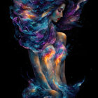 Celestial woman immersed in cosmic nebula with stars and galaxies intertwined