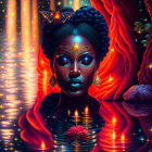 Colorful digital artwork: Dark-skinned woman with gold jewelry and cosmic makeup, surrounded by glowing butterflies