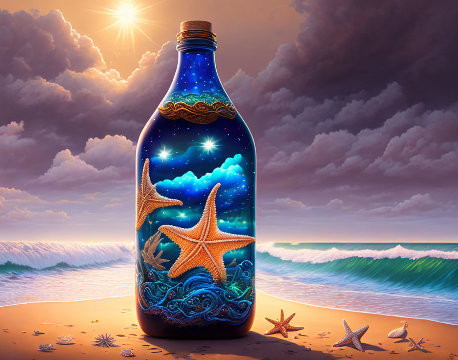 Bottle with starry night sky on beach with starfish - cosmic ocean scene