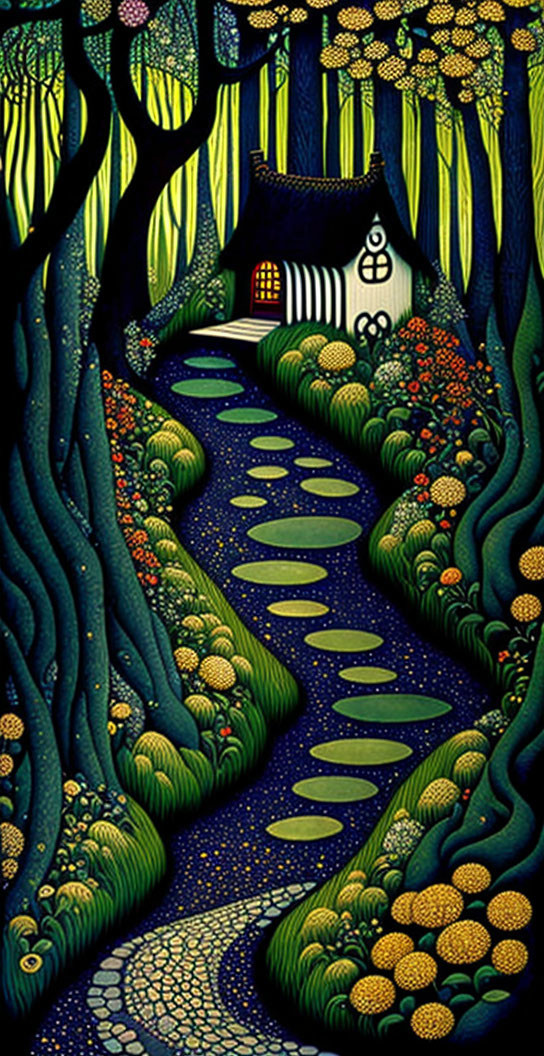 Colorful forest path painting with cottage at night