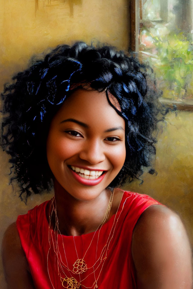 Smiling woman with curly black hair in red top and necklace portrait