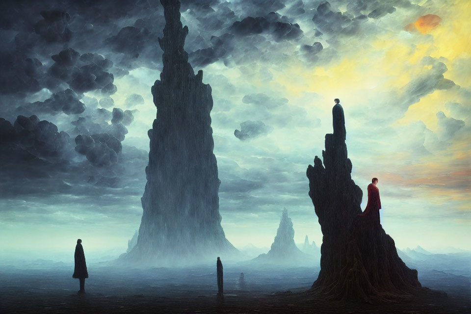 Solitary figures on rocky spires under glowing orange sun