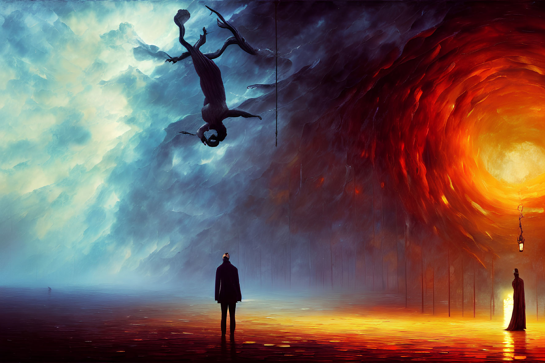 Surreal artistic depiction of person in suit and levitating figure in swirling vortex sky