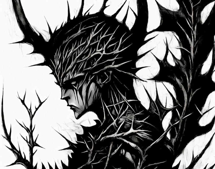 Monochrome artistic illustration of person with crown of thorns and abstract leaf patterns