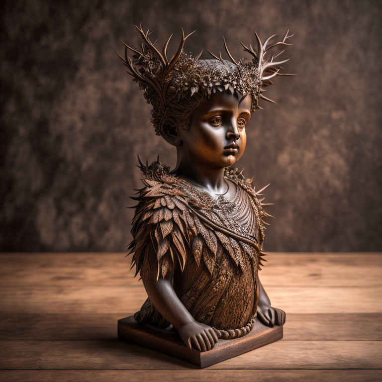 Bronze child bust with leaf and feather details and crown on brown background