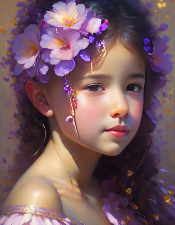 Young girl with purple flowers in hair, soft smile, warm ambiance