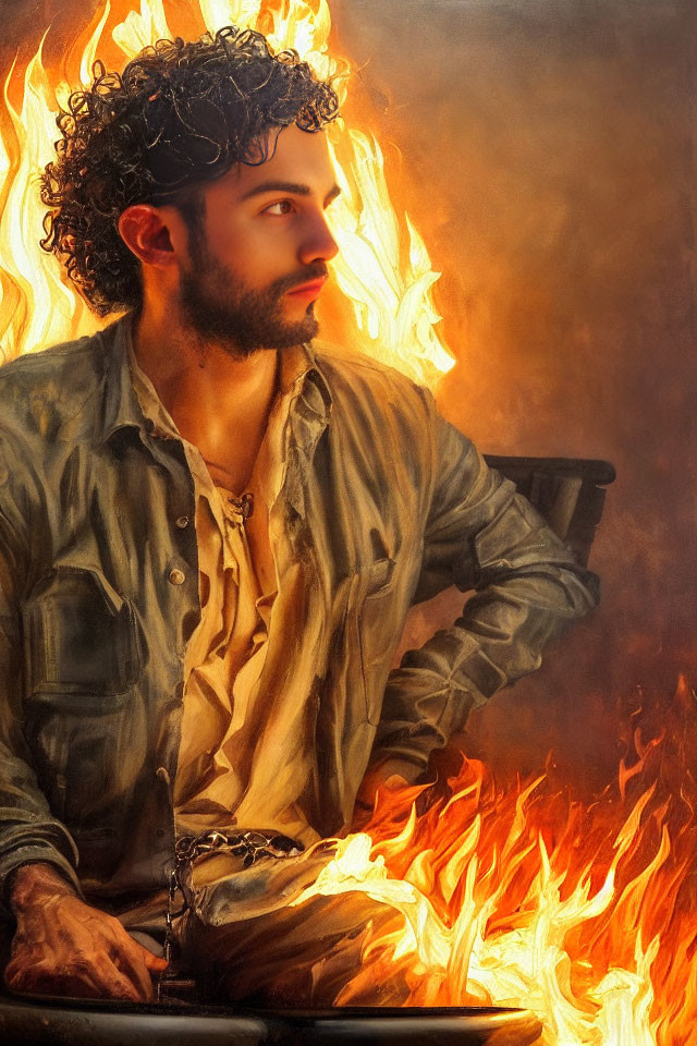 Curly-Haired Man Sitting Surrounded by Flames