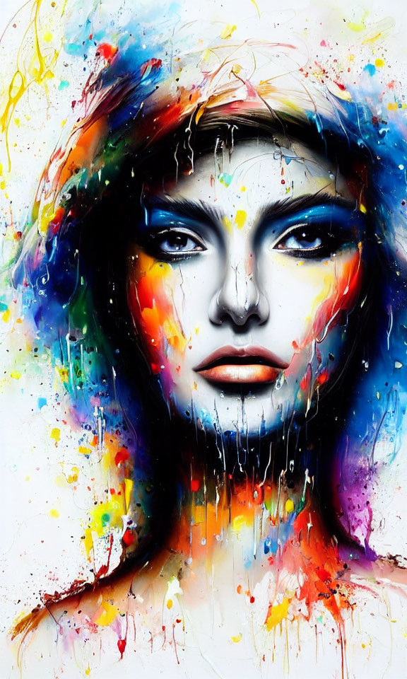 Colorful Abstract Portrait of Woman with Blue Eyes and Paint Splashes